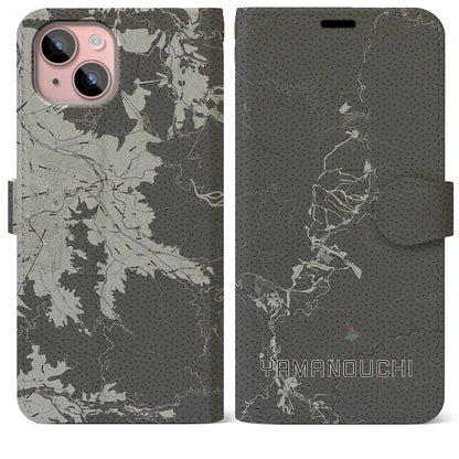 【山ノ内（長野県）】地図柄iPhoneケース（手帳タイプ）モノトーン・iPhone 15 Plus 用
