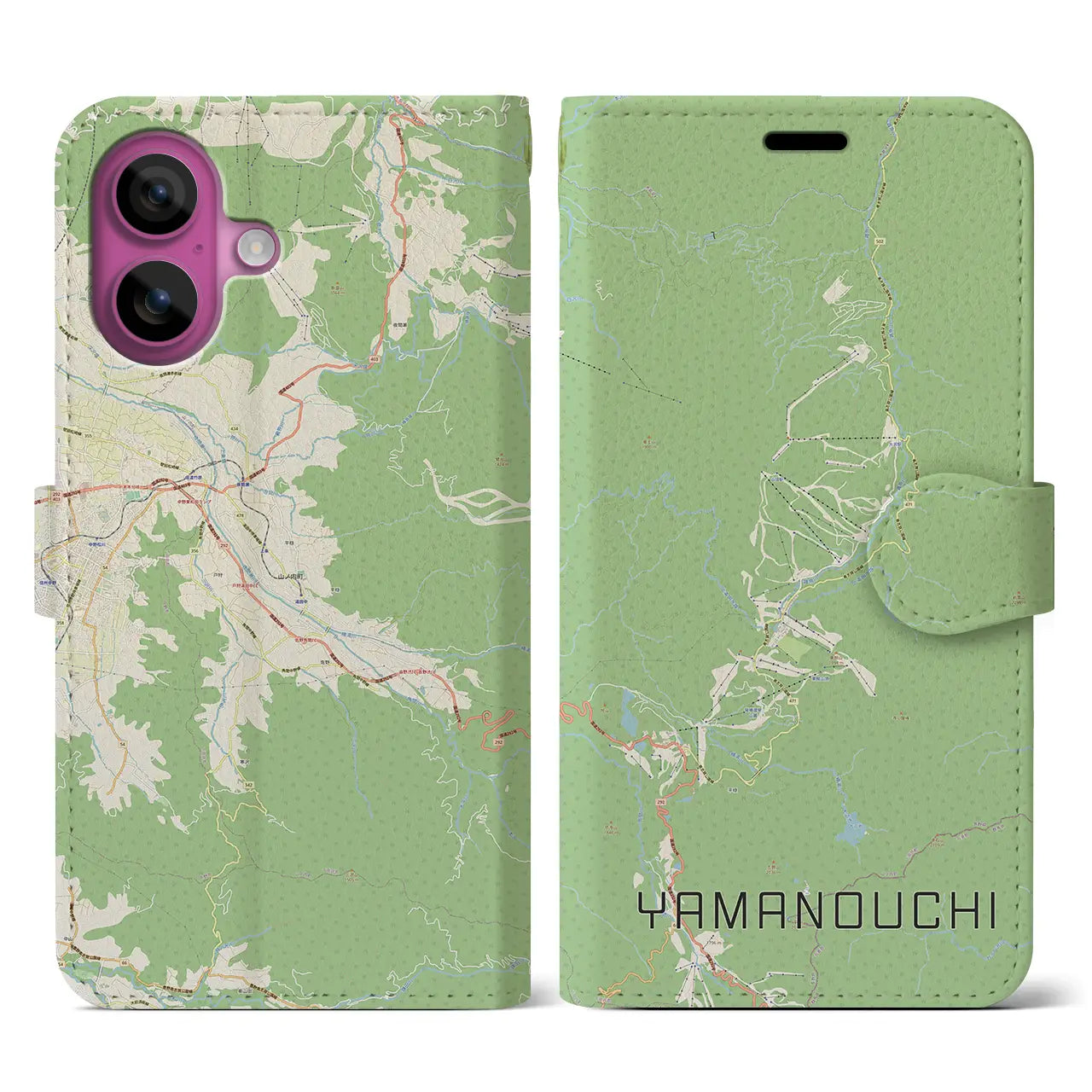 【山ノ内（長野県）】地図柄iPhoneケース（手帳タイプ）ナチュラル・iPhone 16 Pro 用