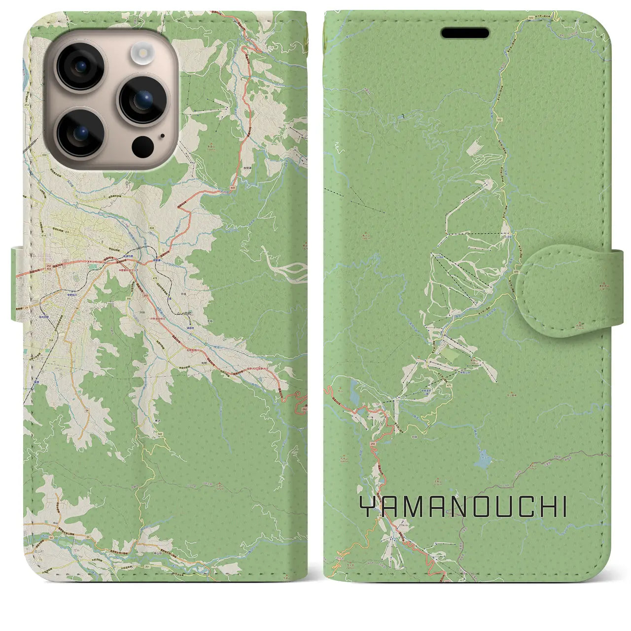 【山ノ内（長野県）】地図柄iPhoneケース（手帳タイプ）ナチュラル・iPhone 16 Plus 用