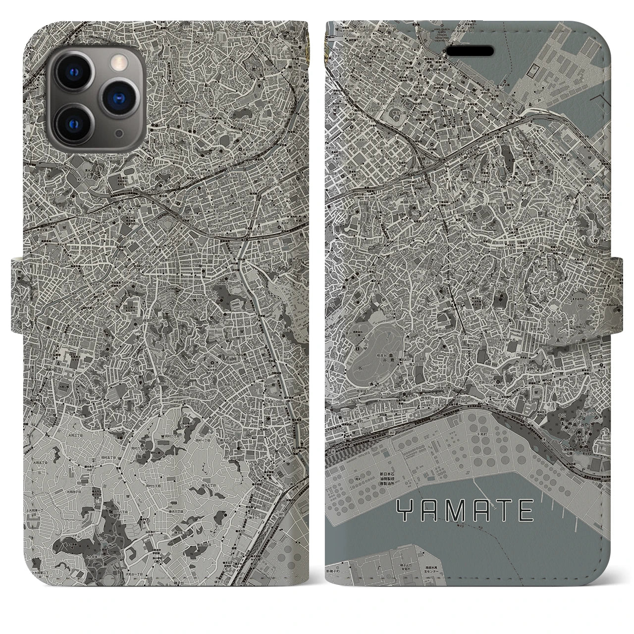 【山手】地図柄iPhoneケース（手帳両面タイプ・モノトーン）iPhone 11 Pro Max 用