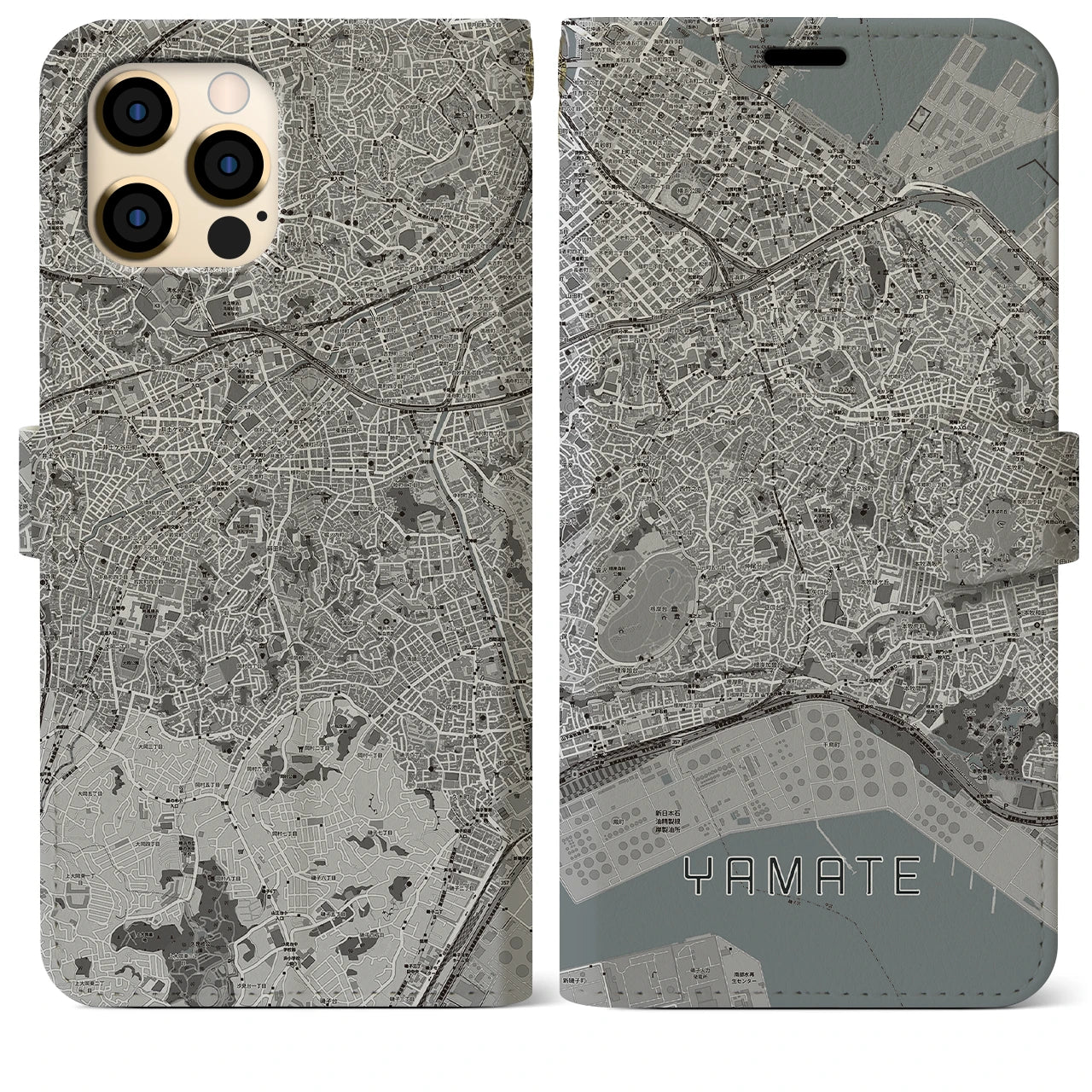 【山手】地図柄iPhoneケース（手帳両面タイプ・モノトーン）iPhone 12 Pro Max 用