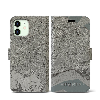 【山手（神奈川県）】地図柄iPhoneケース（手帳タイプ）モノトーン・iPhone 12 mini 用