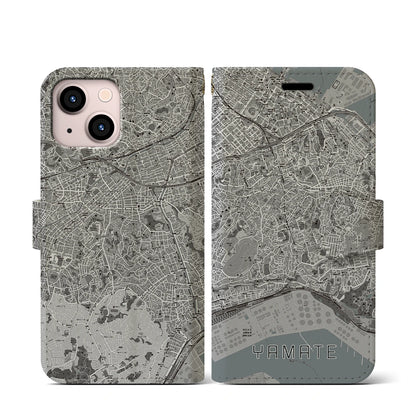 【山手（神奈川県）】地図柄iPhoneケース（手帳タイプ）モノトーン・iPhone 13 mini 用