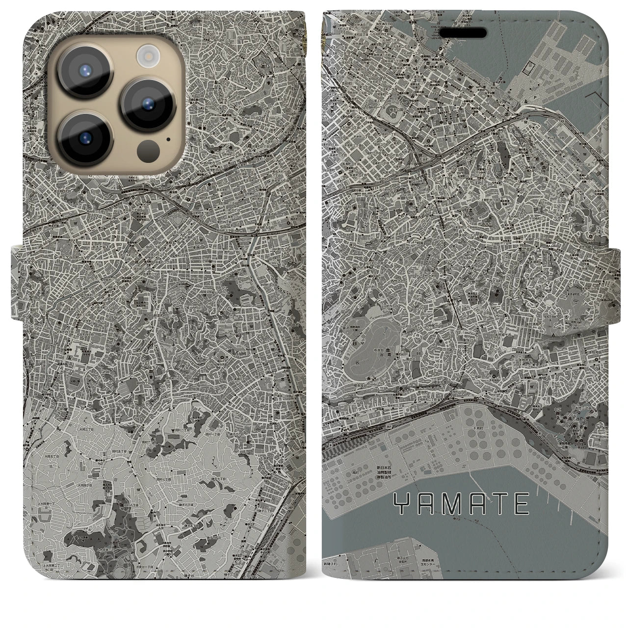 【山手】地図柄iPhoneケース（手帳両面タイプ・モノトーン）iPhone 14 Pro Max 用