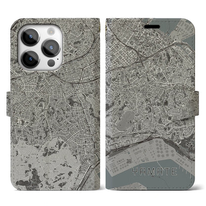 【山手（神奈川県）】地図柄iPhoneケース（手帳タイプ）モノトーン・iPhone 14 Pro 用