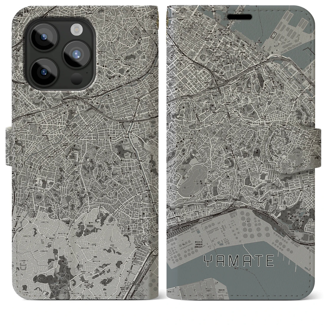 【山手】地図柄iPhoneケース（手帳両面タイプ・モノトーン）iPhone 15 Pro Max 用