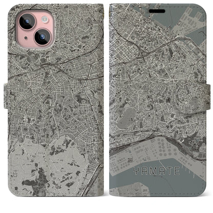【山手（神奈川県）】地図柄iPhoneケース（手帳タイプ）モノトーン・iPhone 15 Plus 用