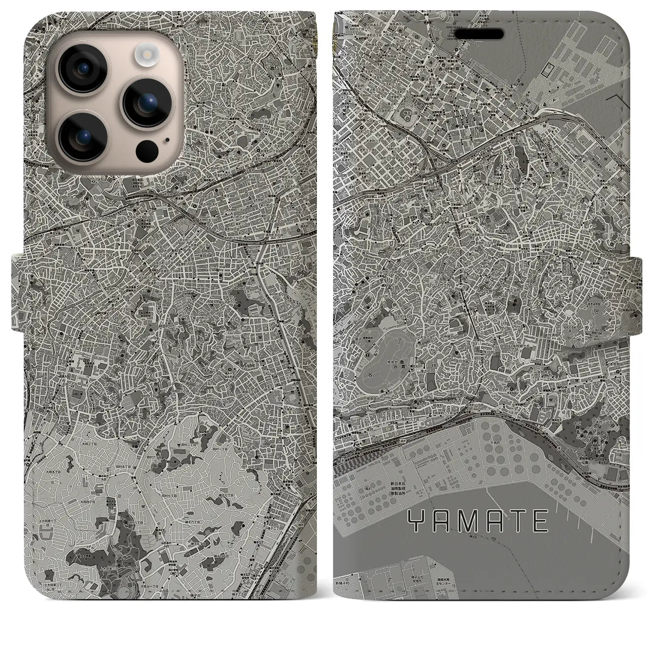 【山手（神奈川県）】地図柄iPhoneケース（手帳タイプ）モノトーン・iPhone 16 Plus 用