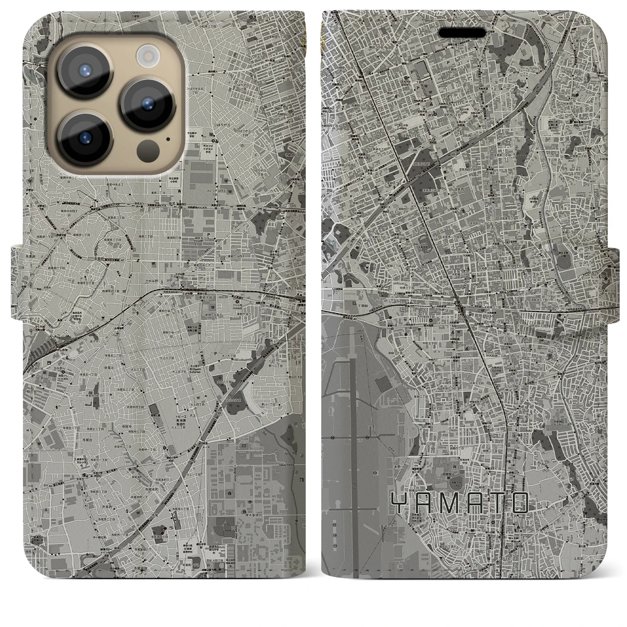 【大和】地図柄iPhoneケース（手帳両面タイプ・モノトーン）iPhone 14 Pro Max 用