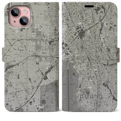 【大和（神奈川県）】地図柄iPhoneケース（手帳タイプ）モノトーン・iPhone 15 Plus 用