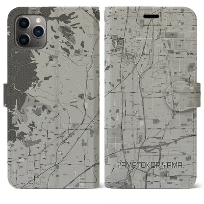 【大和郡山（奈良県）】地図柄iPhoneケース（手帳タイプ）モノトーン・iPhone 11 Pro Max 用
