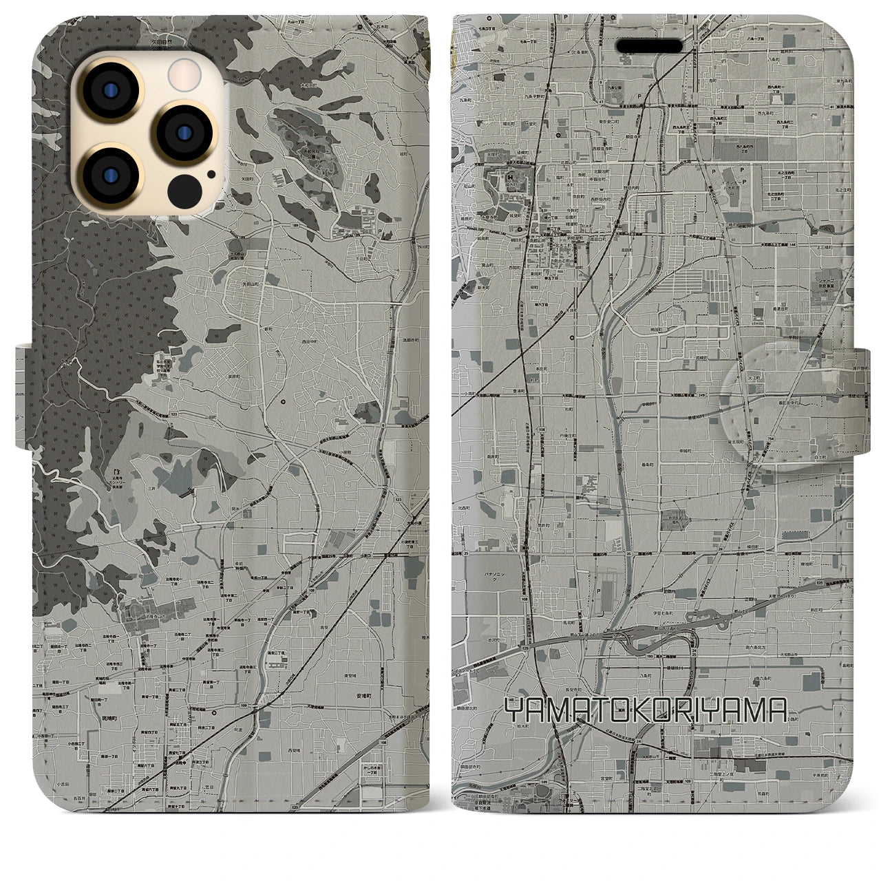 【大和郡山】地図柄iPhoneケース（手帳両面タイプ・モノトーン）iPhone 12 Pro Max 用