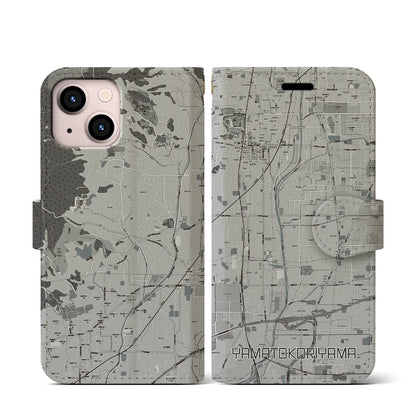 【大和郡山（奈良県）】地図柄iPhoneケース（手帳タイプ）モノトーン・iPhone 13 mini 用