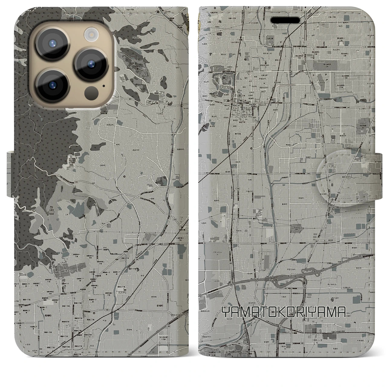 【大和郡山】地図柄iPhoneケース（手帳両面タイプ・モノトーン）iPhone 14 Pro Max 用