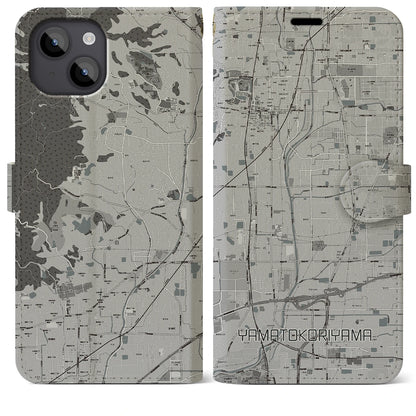 【大和郡山（奈良県）】地図柄iPhoneケース（手帳タイプ）モノトーン・iPhone 14 Plus 用