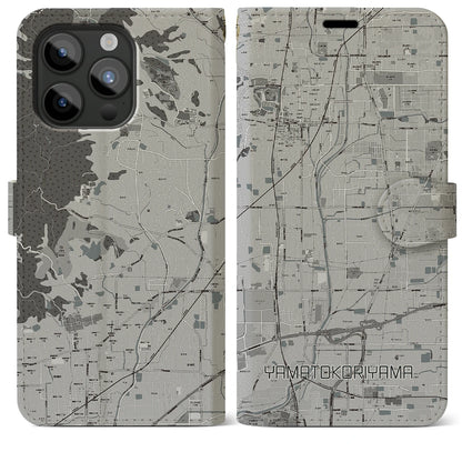 【大和郡山（奈良県）】地図柄iPhoneケース（手帳タイプ）モノトーン・iPhone 15 Pro Max 用