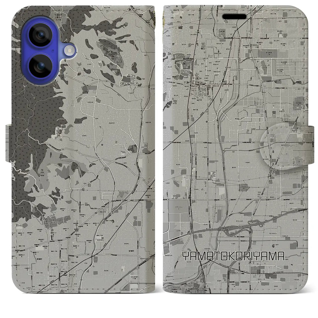 【大和郡山(奈良県)】地図柄iPhoneケース(手帳タイプ)モノトーン・iPhone 16 Pro Max 用