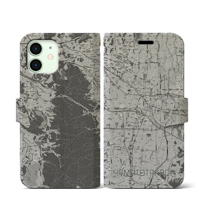 【大和高田（奈良県）】地図柄iPhoneケース（手帳タイプ）モノトーン・iPhone 12 mini 用