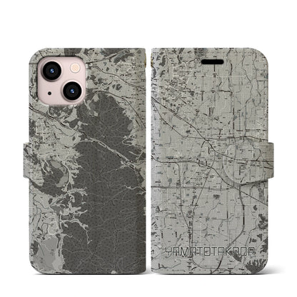 【大和高田（奈良県）】地図柄iPhoneケース（手帳タイプ）モノトーン・iPhone 13 mini 用