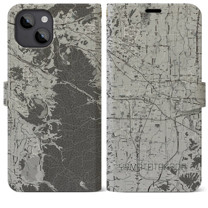 【大和高田（奈良県）】地図柄iPhoneケース（手帳タイプ）モノトーン・iPhone 14 Plus 用