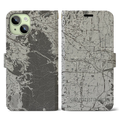 【大和高田（奈良県）】地図柄iPhoneケース（手帳タイプ）モノトーン・iPhone 15 用