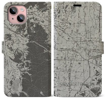 【大和高田（奈良県）】地図柄iPhoneケース（手帳タイプ）モノトーン・iPhone 15 Plus 用