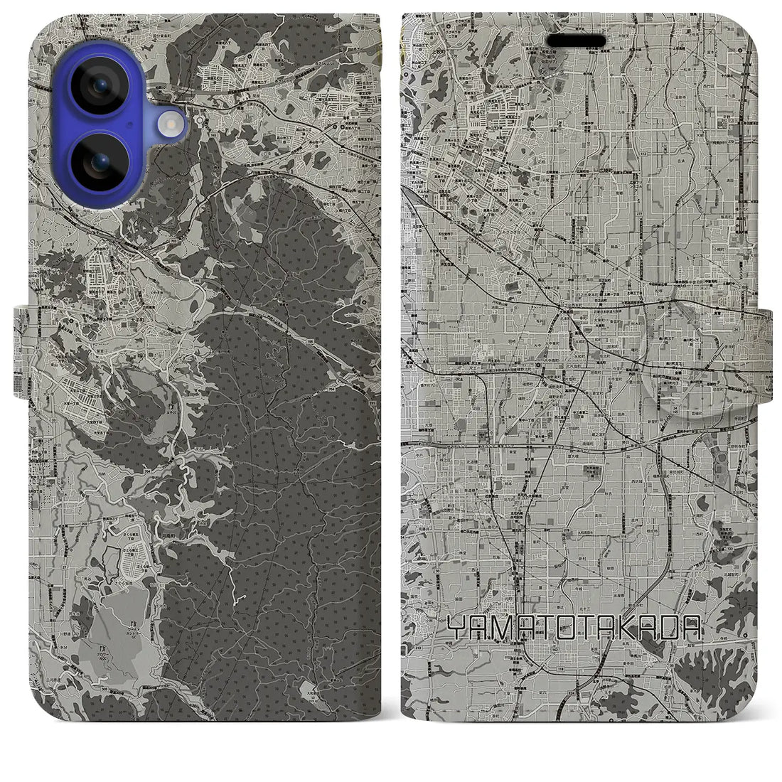 【大和高田(奈良県)】地図柄iPhoneケース(手帳タイプ)モノトーン・iPhone 16 Pro Max 用