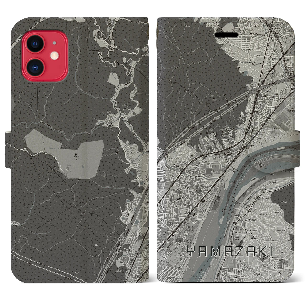 【山崎（京都府）】地図柄iPhoneケース（手帳両面タイプ・モノトーン）iPhone 11 用