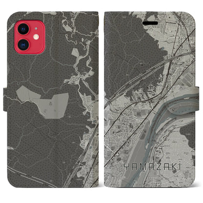 【山崎（京都府）】地図柄iPhoneケース（手帳タイプ）モノトーン・iPhone 11 用
