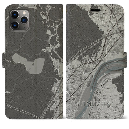 【山崎（京都府）】地図柄iPhoneケース（手帳タイプ）モノトーン・iPhone 11 Pro Max 用