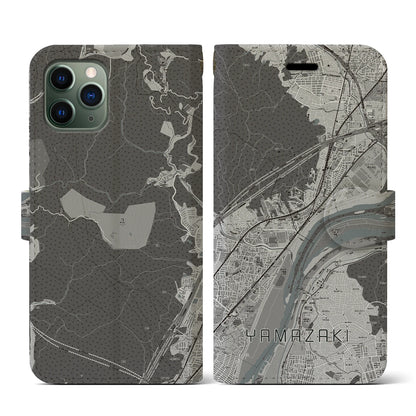 【山崎（京都府）】地図柄iPhoneケース（手帳タイプ）モノトーン・iPhone 11 Pro 用