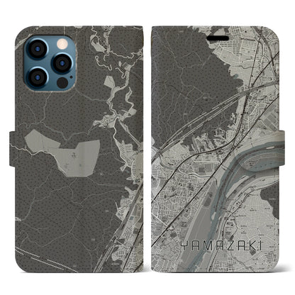 【山崎（京都府）】地図柄iPhoneケース（手帳タイプ）モノトーン・iPhone 12 / 12 Pro 用