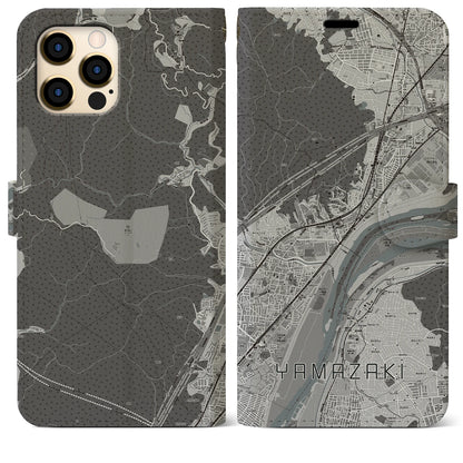 【山崎（京都府）】地図柄iPhoneケース（手帳タイプ）モノトーン・iPhone 12 Pro Max 用
