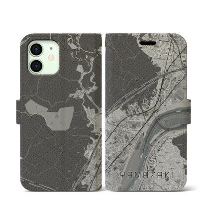 【山崎（京都府）】地図柄iPhoneケース（手帳タイプ）モノトーン・iPhone 12 mini 用