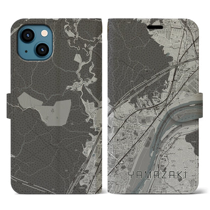 【山崎（京都府）】地図柄iPhoneケース（手帳タイプ）モノトーン・iPhone 13 用