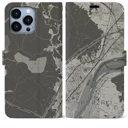 【山崎（京都府）】地図柄iPhoneケース（手帳タイプ）モノトーン・iPhone 13 Pro Max 用