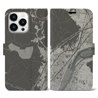 【山崎（京都府）】地図柄iPhoneケース（手帳タイプ）モノトーン・iPhone 13 Pro 用