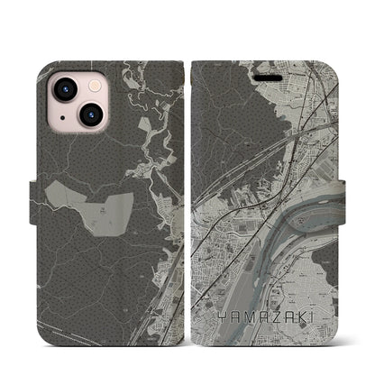 【山崎（京都府）】地図柄iPhoneケース（手帳タイプ）モノトーン・iPhone 13 mini 用