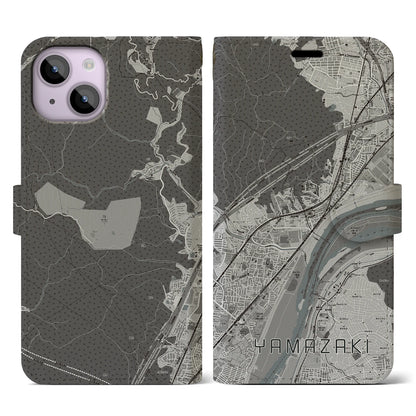 【山崎（京都府）】地図柄iPhoneケース（手帳タイプ）モノトーン・iPhone 14 用
