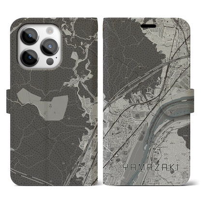 【山崎（京都府）】地図柄iPhoneケース（手帳タイプ）モノトーン・iPhone 14 Pro 用