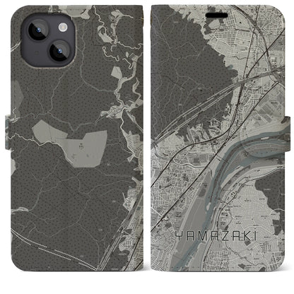 【山崎（京都府）】地図柄iPhoneケース（手帳タイプ）モノトーン・iPhone 14 Plus 用