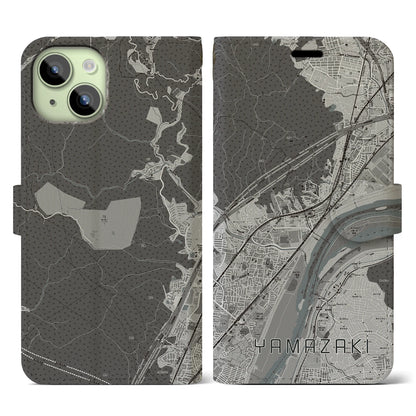 【山崎（京都府）】地図柄iPhoneケース（手帳タイプ）モノトーン・iPhone 15 用
