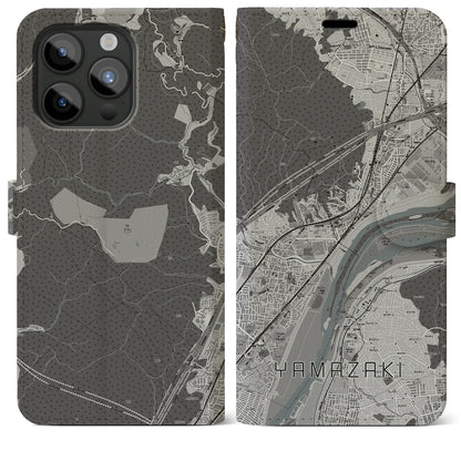 【山崎（京都府）】地図柄iPhoneケース（手帳タイプ）モノトーン・iPhone 15 Pro Max 用