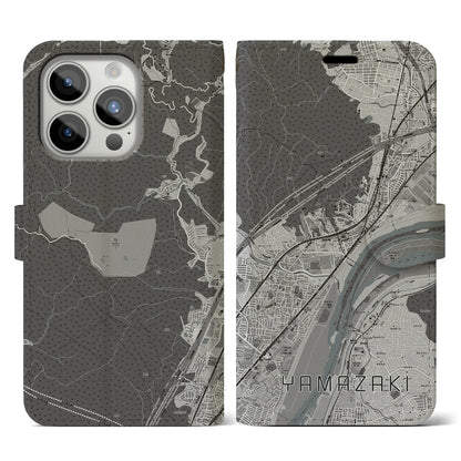 【山崎（京都府）】地図柄iPhoneケース（手帳タイプ）モノトーン・iPhone 15 Pro 用