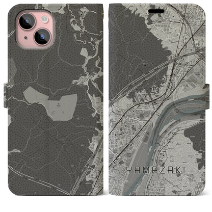 【山崎（京都府）】地図柄iPhoneケース（手帳タイプ）モノトーン・iPhone 15 Plus 用