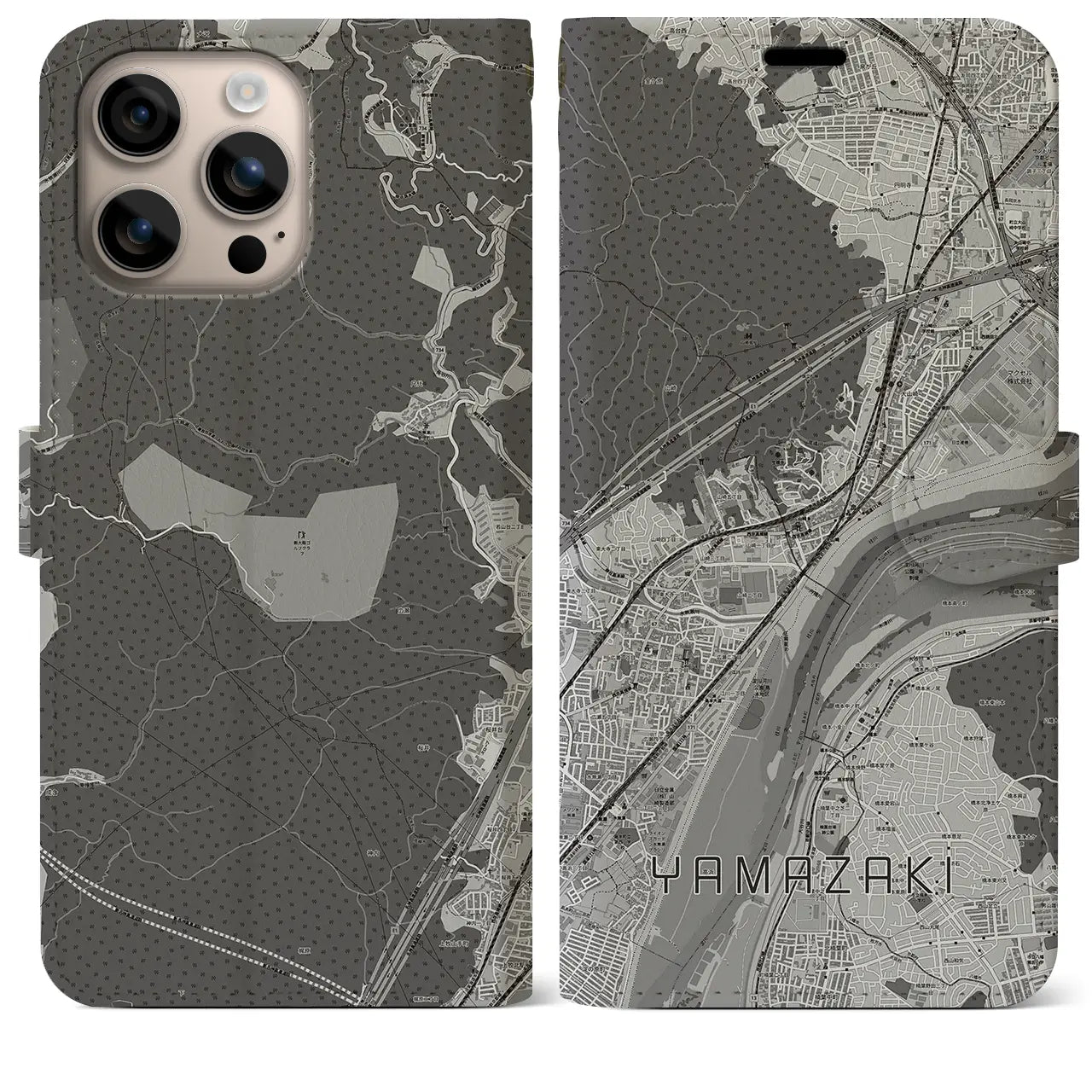 【山崎（京都府）】地図柄iPhoneケース（手帳タイプ）モノトーン・iPhone 16 Plus 用