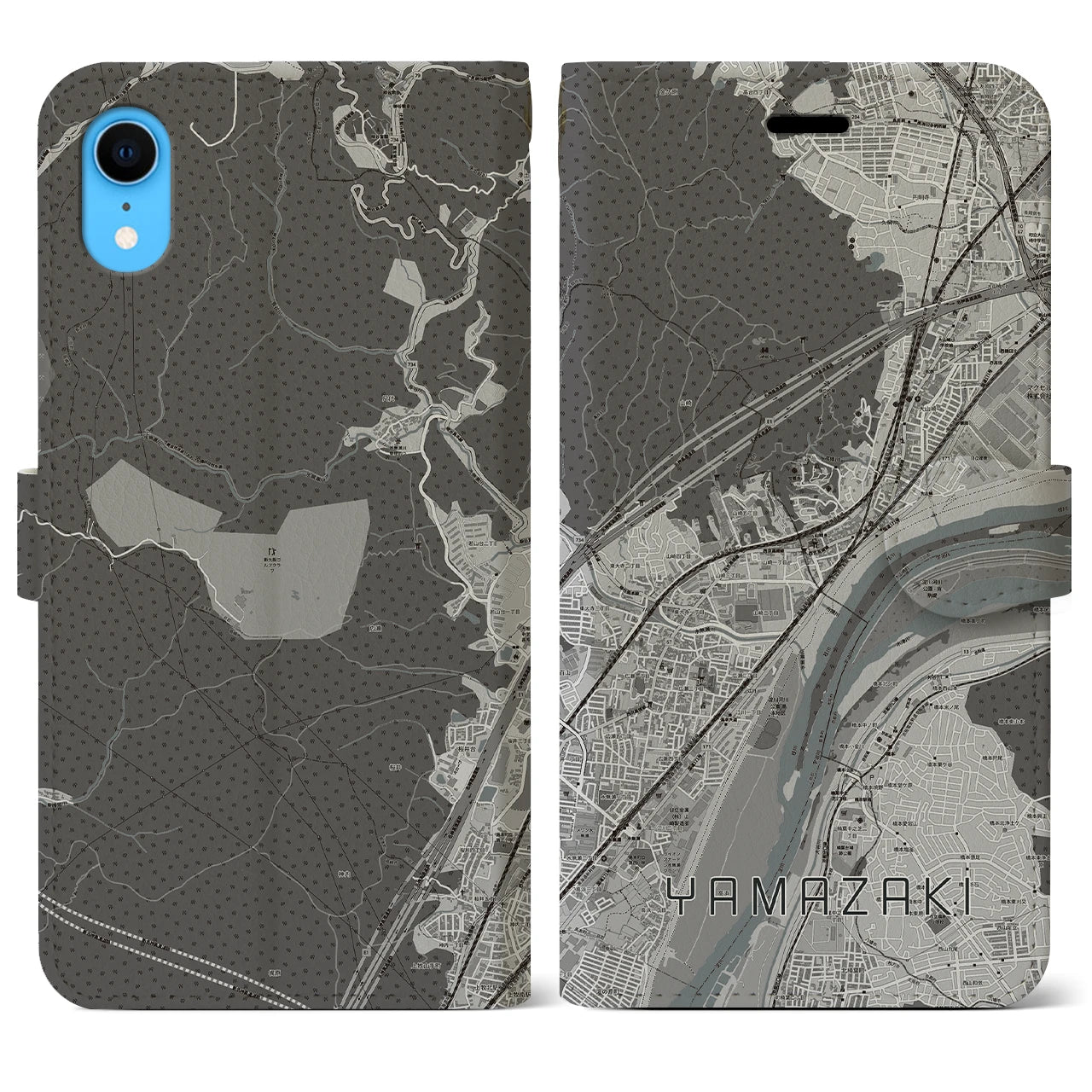【山崎（京都府）】地図柄iPhoneケース（手帳両面タイプ・モノトーン）iPhone XR 用