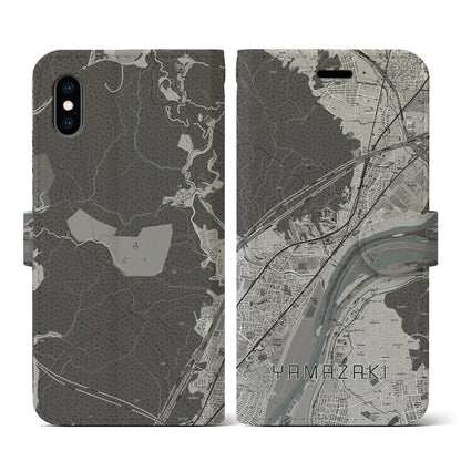 【山崎（京都府）】地図柄iPhoneケース（手帳タイプ）モノトーン・iPhone XS / X 用