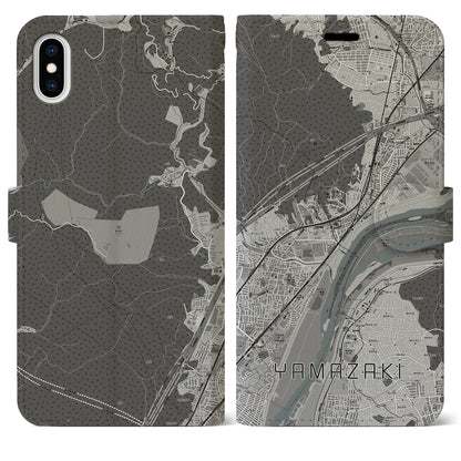 【山崎（京都府）】地図柄iPhoneケース（手帳タイプ）モノトーン・iPhone XS Max 用