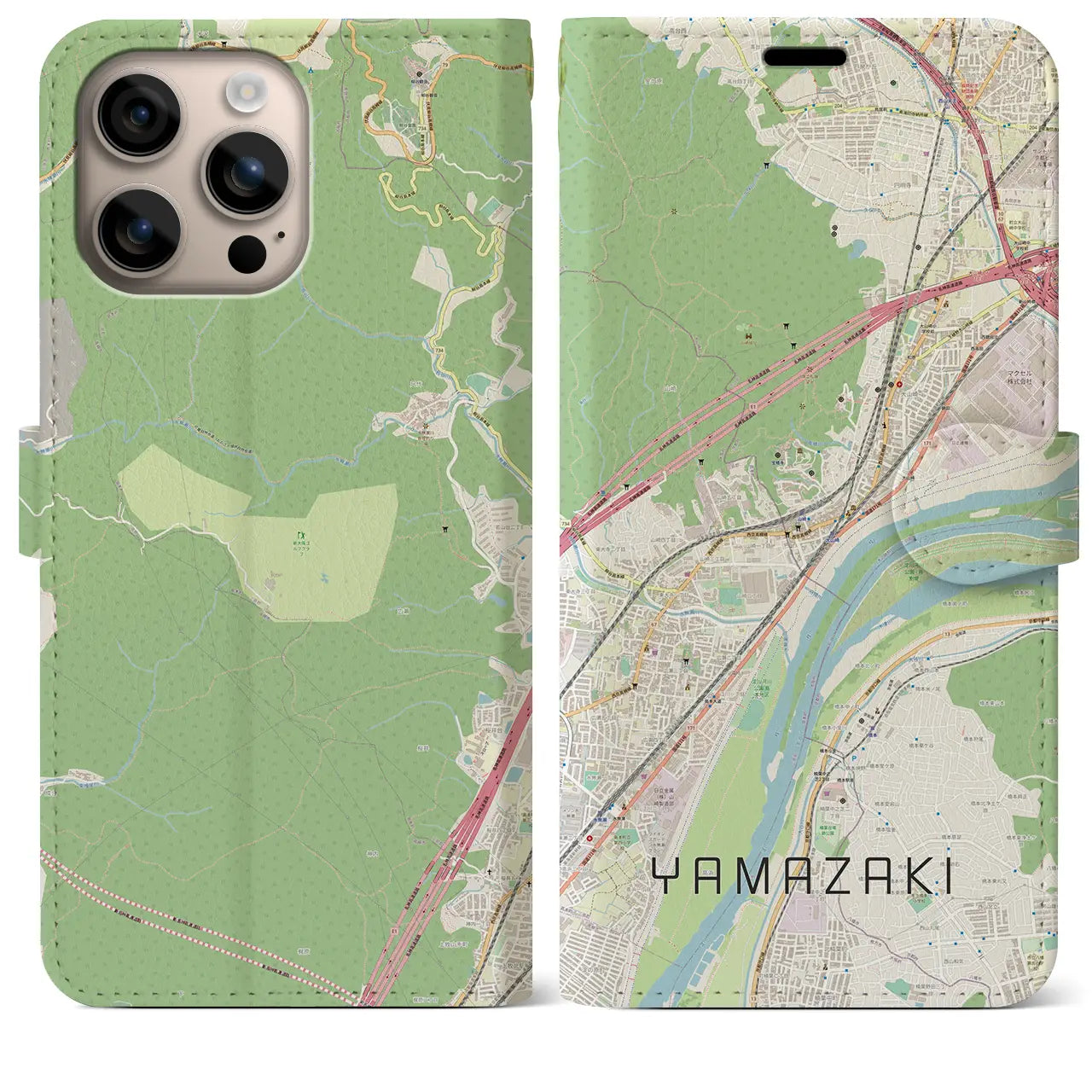 【山崎（京都府）】地図柄iPhoneケース（手帳タイプ）ナチュラル・iPhone 16 Plus 用